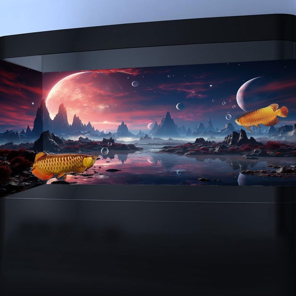 48X20IN Cosmic Spaceterrarium Background, Cool Parallel Space Themed Aquarium Reptile Habitat Background, Red Moon Aquarium Background with 10EVA Double-Sided Tape