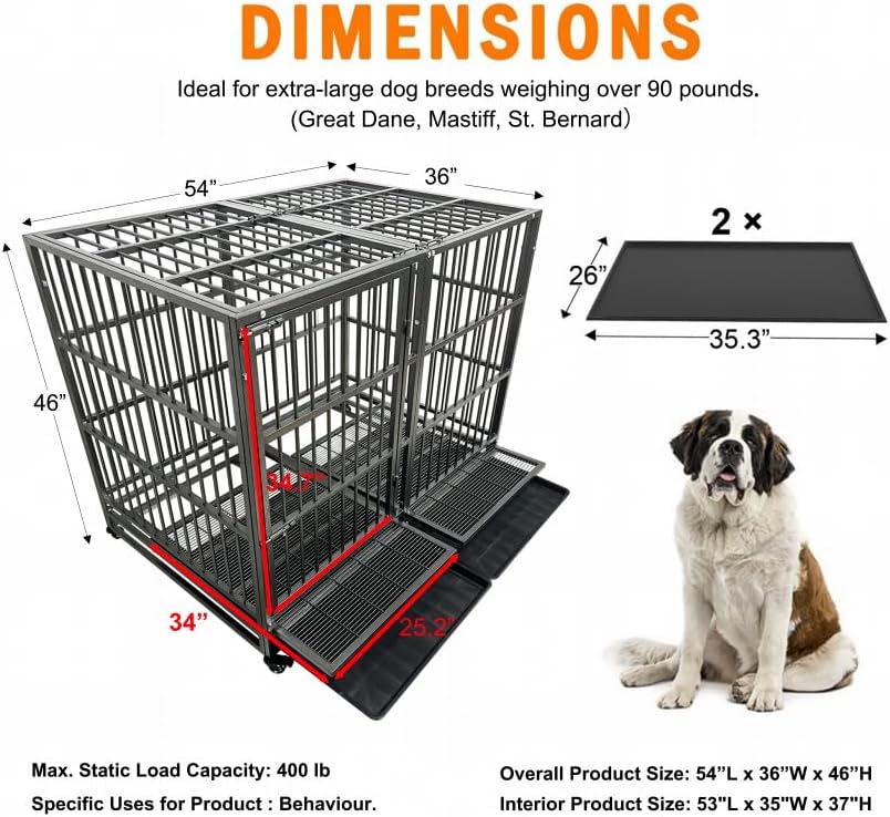 54/48/42/38 Inch Heavy Duty Dog Crate Cage with Wheels, Indestructible and Escape Proof Steel Kennel Indoor for High Anxiety Dogs with Sturdy Locks, Double Door and Tray, Extra Large XL XXL