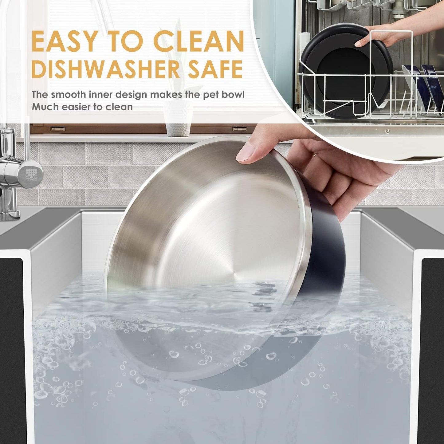 IKITCHEN Dog Bowl for Food and Water, 40 Oz Stainless Steel Pet Feeding Bowl, Durable Non-Skid Double Wall Insulated Heavy Duty with Rubber Bottom for Medium Large Sized Dogs (40 Ounces/5 Cup, Black)