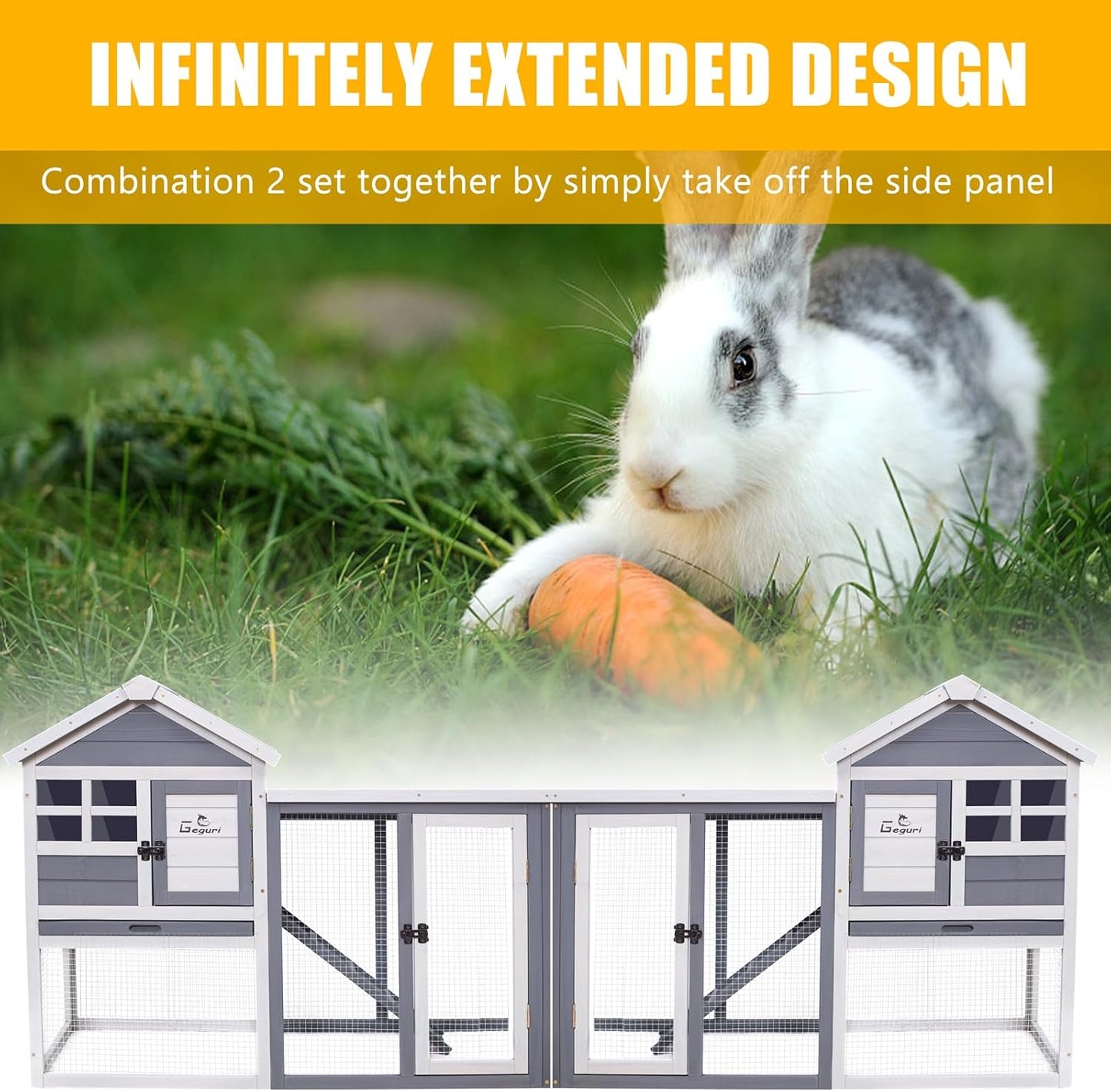 GEGURI Large Rabbit Hutch Indoor Outdoor Chicken Coop Wooden Bunny Cage with Waterproof Roof (48''L x 24''W x 36''H Grey)