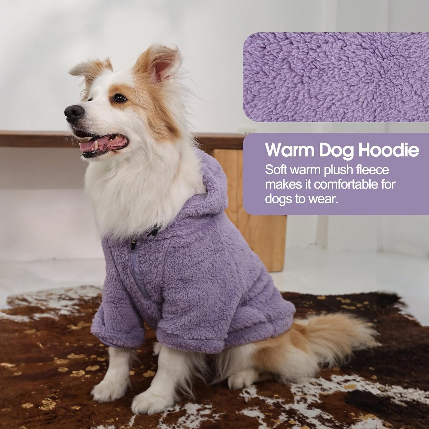 IDOMIK Fuzzy Dog Sweater with Adjustable Hood, Warm Fleece Dog Sweater Hoodie with Harness Hole & Pocket, Pullover Sweaters for Medium Dogs, Fuzzy Hooded Sweatshirt for Fall Winter Christmas,Purple,L