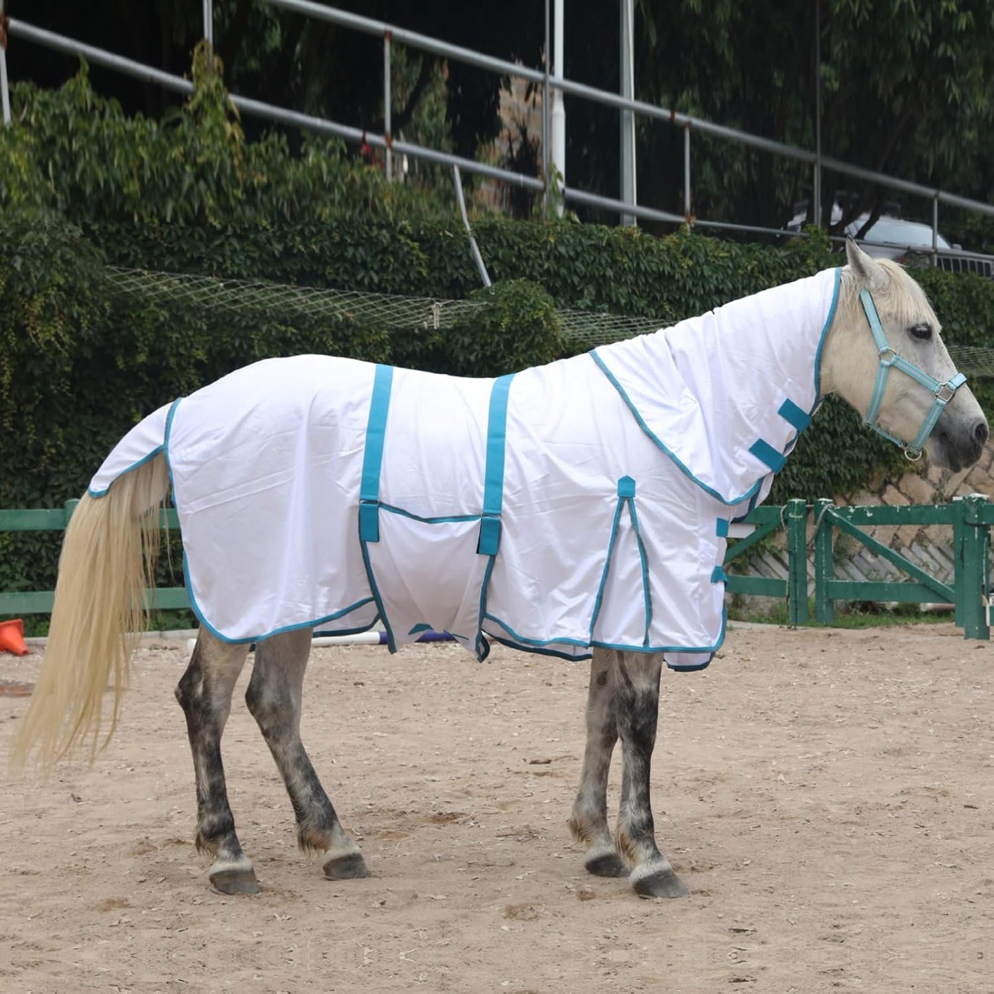 Horse Fly Sheet with Detachable Neck Cover & Belly Wrap, Adjustable Fly Sheet for Horses, Ventilated Airflow Mesh Equine Cooling Summer Flysheet White 84