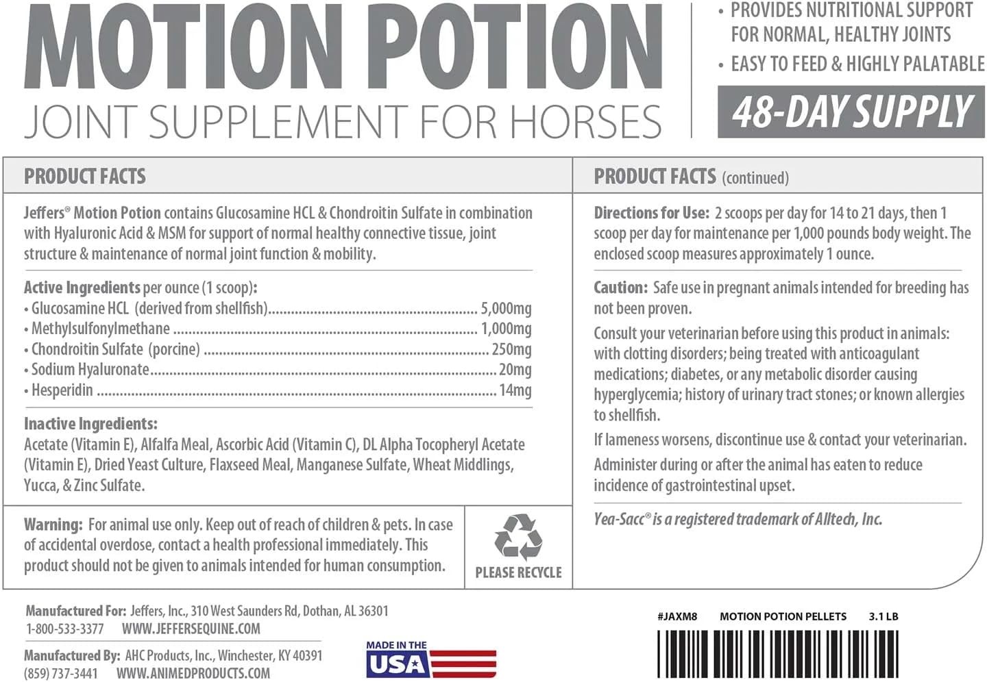 Jeffers Motion Potion Pellets Joint Supplement for Horses, 3.1lb- Glucosamine, MSM, Chondroitin, Hyaluronic Acid, & Vitamins. Daily Supplement for Safe, Easy to Feed, Fast Acting for Equine.
