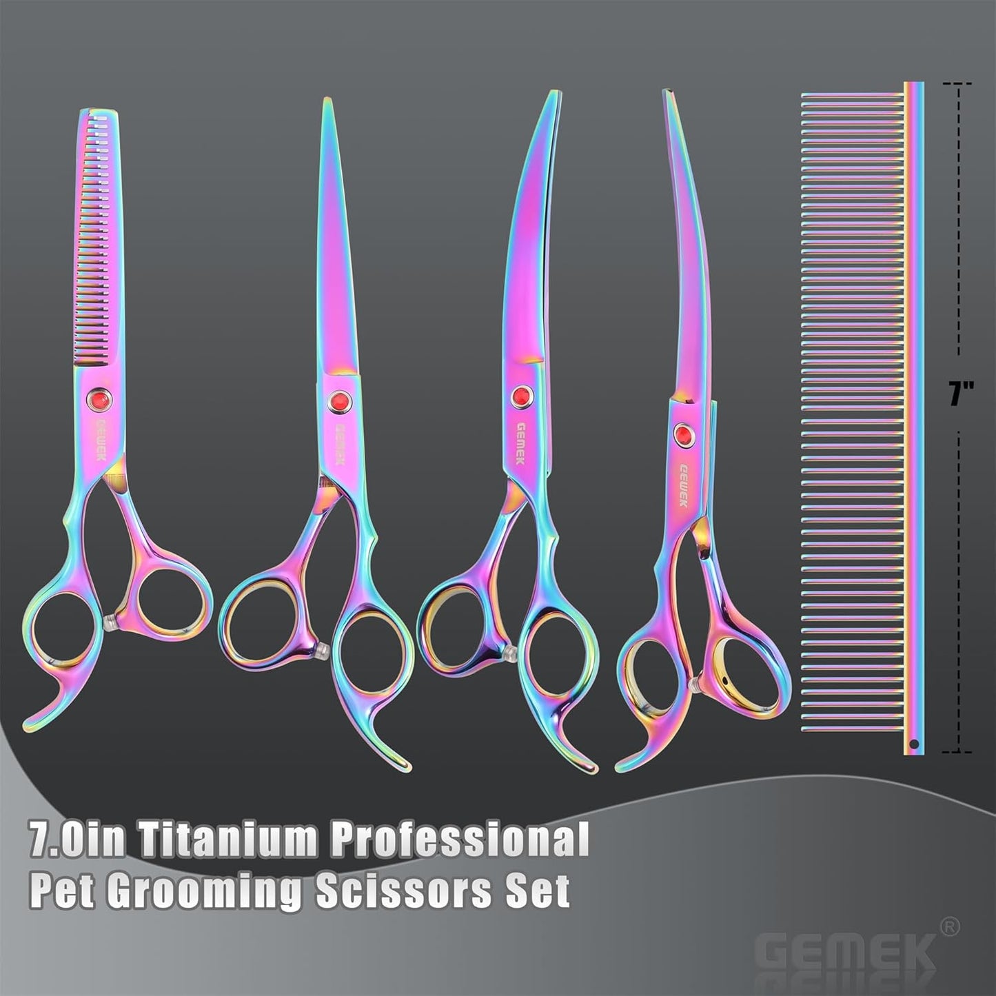 7.0in Titanium Professional Pet Grooming Scissors Set, GEMEK 6 in 1 Straight & Thinning & Upwards Curved & Downwards Curved Scissors & Comb for Dogs, Cats (Rainbow)