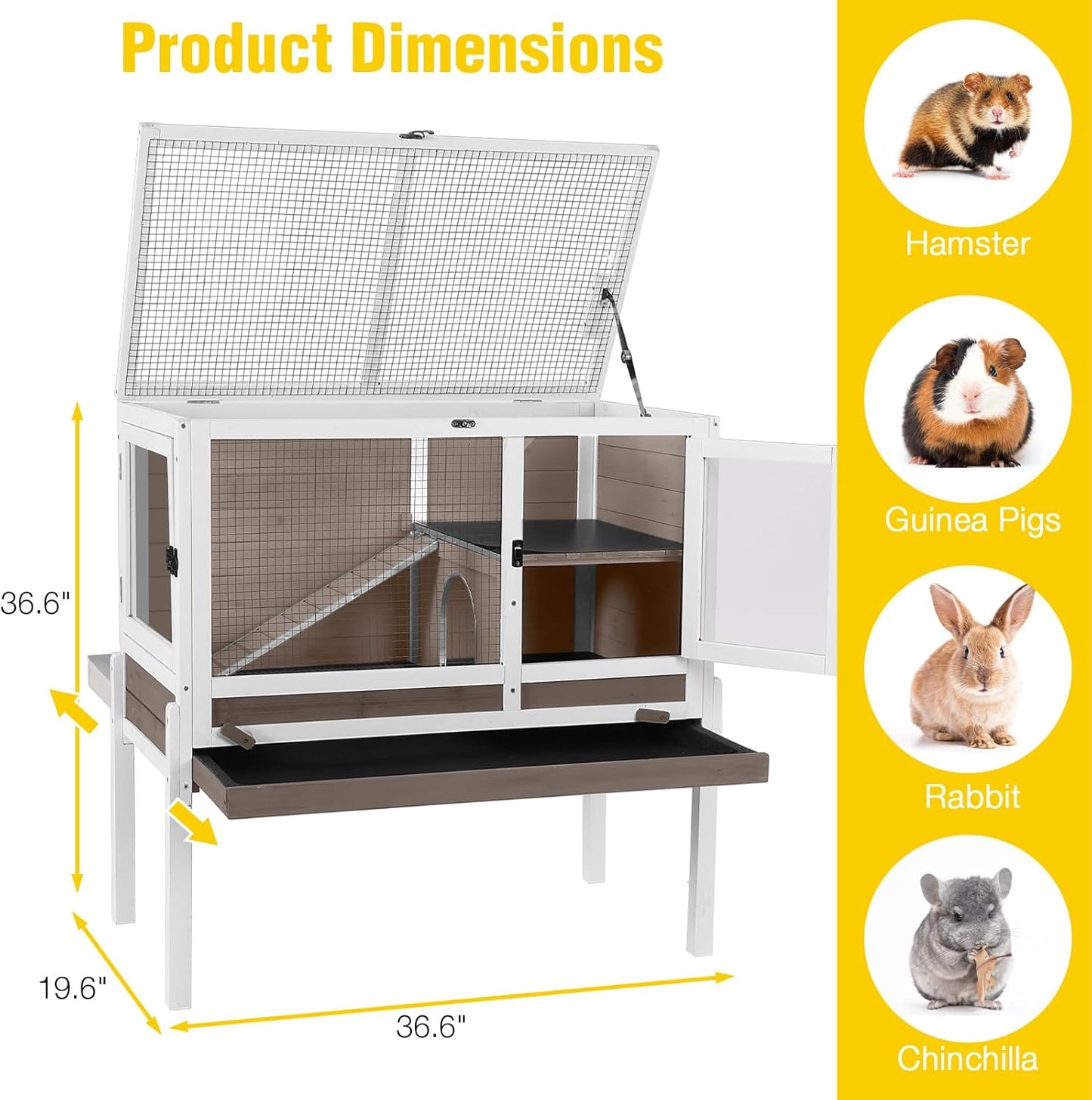AIVITUVIN Wooden Guinea Pig Cage Indoor with Cooling Plate and Anti-Chewing Edges Two-Story Rabbit Hutch Pull Out Tray Outdoor Rabbit Cage with Raised Stand and Wire Mesh Small Animals Cage (Brown