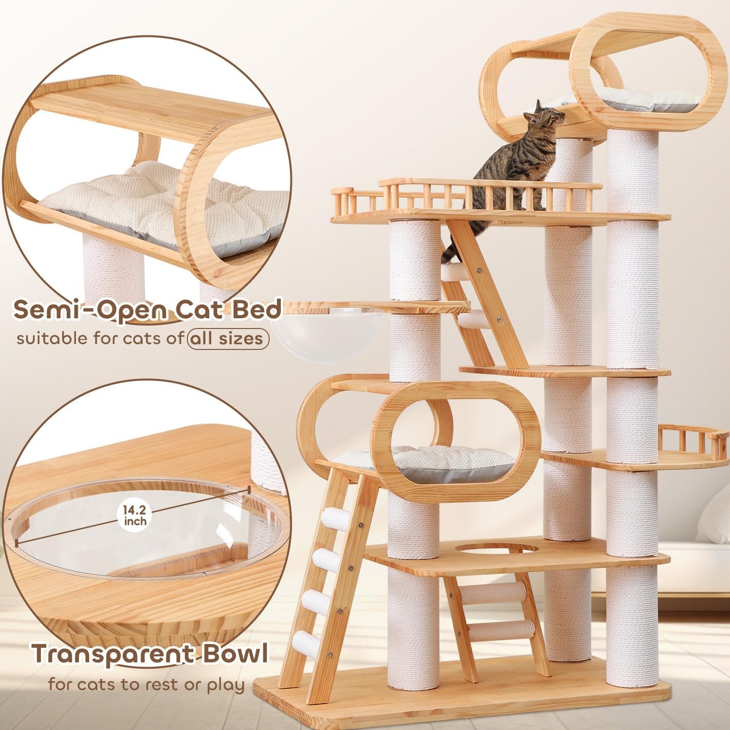 76.8'' Tall Modern Large Cat Tree,Multi-Level Wood Cat Tower for Indoor Cats Large Adults,Luxury Heavy Duty Cat Condo with Cushion,Scratching Posts,Clear Hammock Activity (76.8inch)