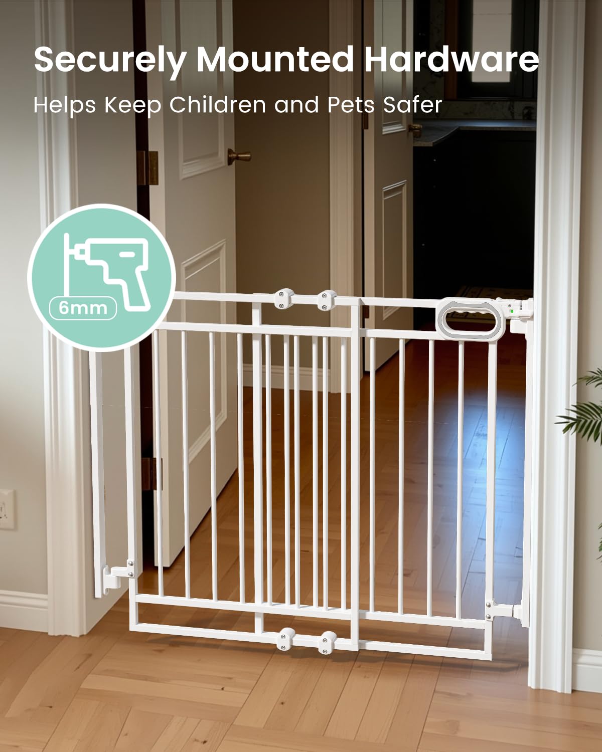 Grownsy Baby Gate for Stairs- No Bottom Bar, Adjustable Width 29.8โ to 43.5โ for Child and Pet, Dog Gate with Auto-Close & One-Hand Operation, Screw-in Installation for Doorways and Indoor Use