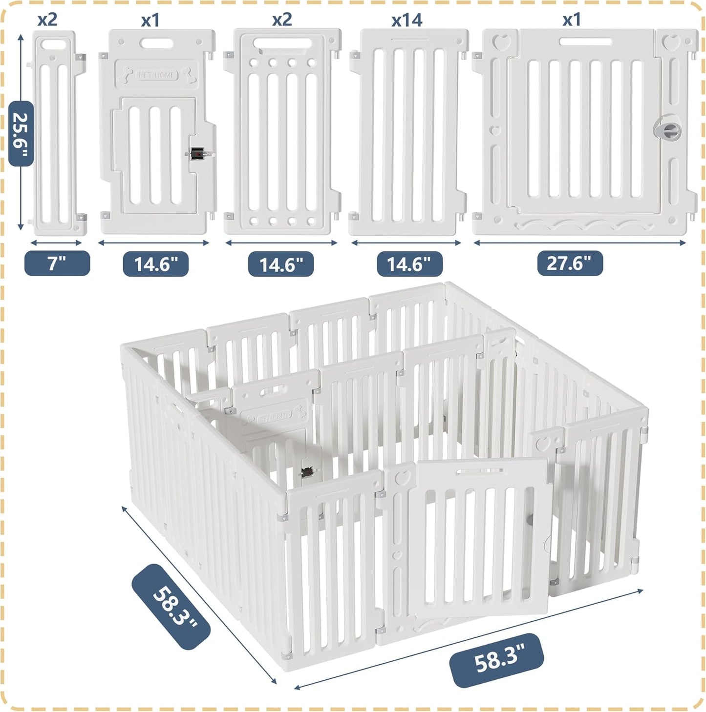 2 Room Dog Playpen with Door,DIY Shape Combination Puppy Pen,16-Panel+2 Link Piece+Large Door+Small Door,25.5" H Dog Fence,Non-Slip&Secure Pet Gate,Easy to Assemble