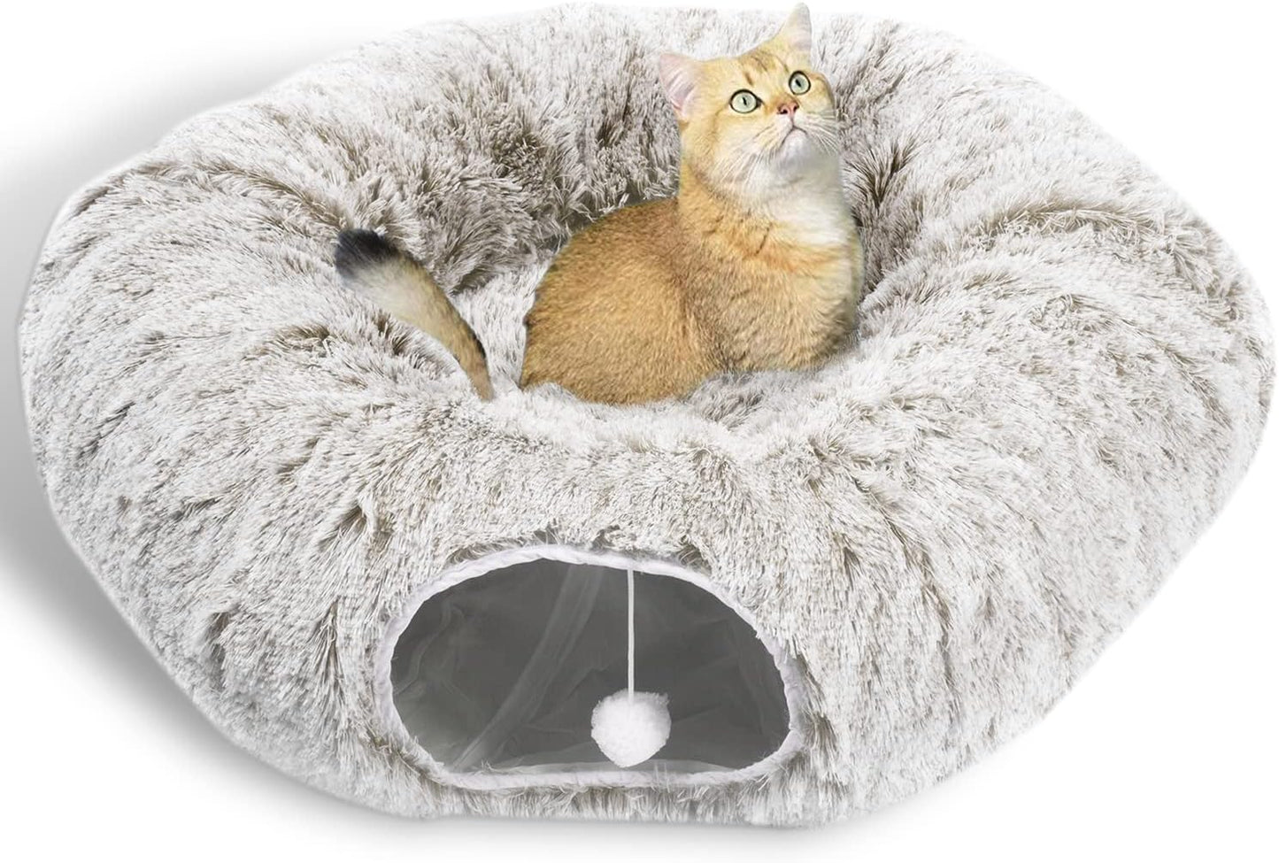 AUOON Cat Tunnel Bed - Cat Donut Tunnel with Soft Plush Circle Cushion for Indoor Cats Kitten Kitty Puppy Rabbit Ferret (Khaki)