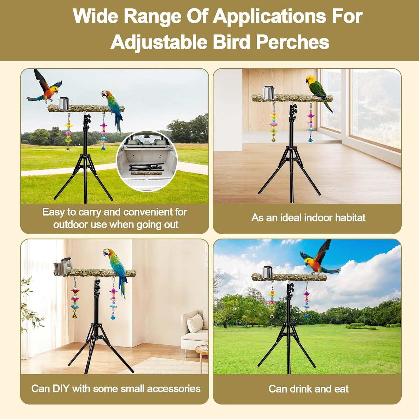16-63 Inch Height Adjustable Bird Perch Pepper Wood Parrot Training Perch Stand with Feeding Cups and Swing Toy Parakeet Perches Indoor and Outdoor Parrot Stands for Small to Medium Bird