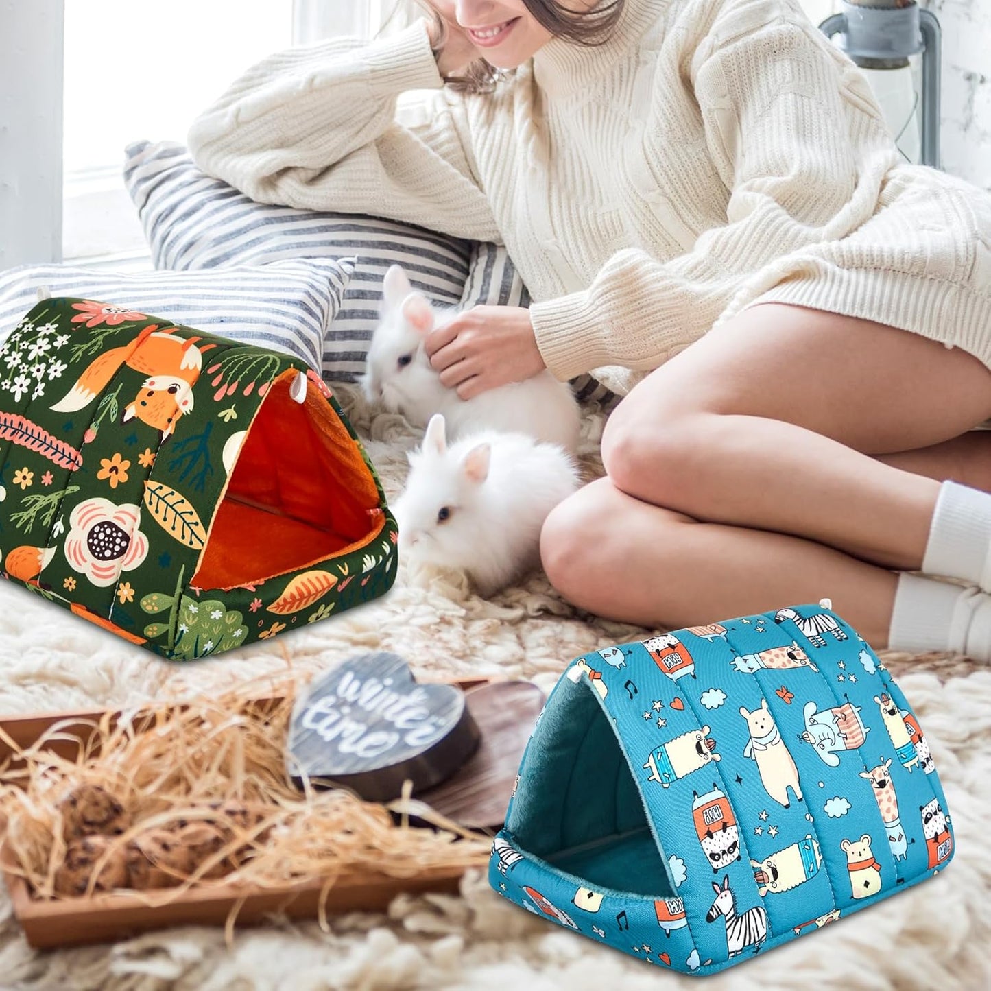 4 Pcs Guinea Pig Hideout, Guinea Pig Bed Tunnel, Rabbit Washable Small House Cage Accessories for Bunny Hedgehog Mouse Chinchillas Hamsters Ferrets Bearded Dragons Rats(Forest,7.9 in)