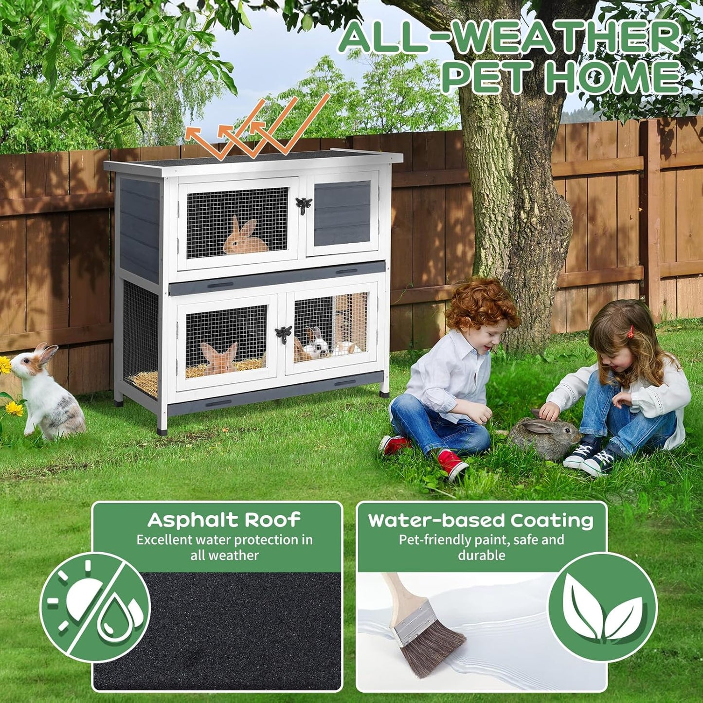 2 Story Solid Wood Rabbit/Bunny Hutch with 2 Large Main Rooms, Indoor Outdoor Rabbit House Guinea Pig Cage Pet House for Small Animals with Ventilation Door Removable Tray Waterproof Roof (Grey)