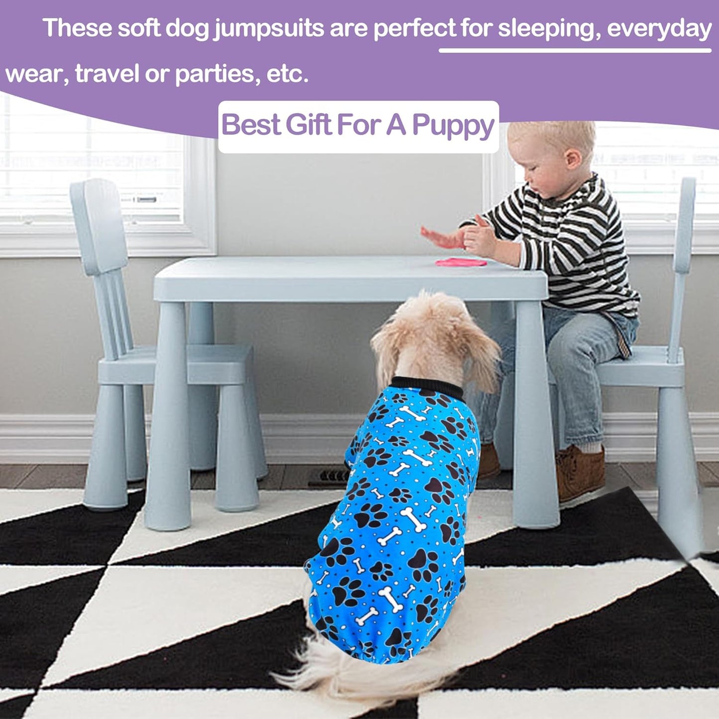 PET SHOW 4 Pack Small Dog Pajamas Paw Bone Patterns Cute Clothes for Medium Dogs Soft Fleece Stretchy PJs 4 Legged Jumpsuit Puppy Cats Onesies Outfits with Sleeve Dachshund Doggies Girl Boy (X-Large)
