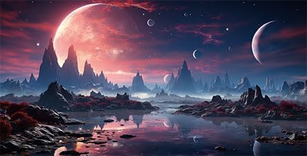 60X24IN Cosmic Spaceterrarium Background, Cool Parallel Space Themed Aquarium Reptile Habitat Background, Red Moon Aquarium Background with 10EVA Double-Sided Tape