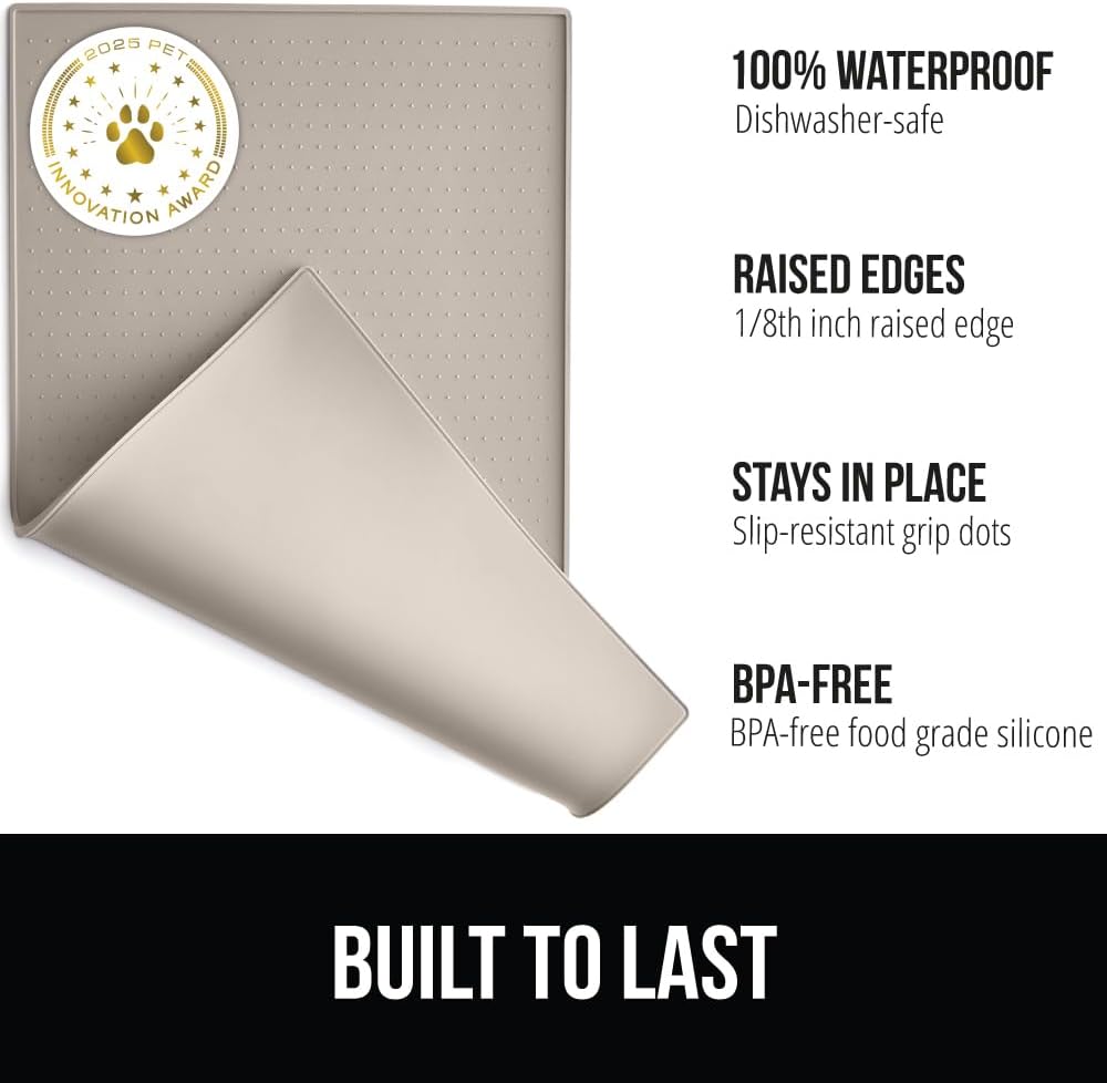 GORILLA GRIP 100% Waterproof Raised Edge BPA Free Silicone Pet Feeding Mat, Dog Cat Food Mats Contain Spills Protects Floors, Placemats for Cats and Dogs Water Bowl, Pets Accessories 18.5x11.5 Beige
