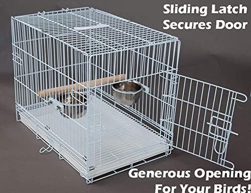 Durable Easy Portable Metal Travel or Veterinary Collapsable Parrot Bird Carrier Beaks Proof Cage with Stainless Steel Feeder Bowls Natural Wooden Perch Stand