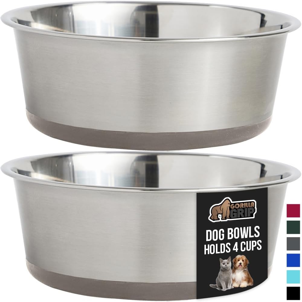 GORILLA GRIP Set of 2 Dog Bowls, Holds 4 Cups (32 fl oz), Heavy Duty Metal Food and Water Bowl for Feeding Dogs and Cats, Dishwasher Safe, Rust Resistant Stainless Steel, BPA Free Rubber Base, Beige