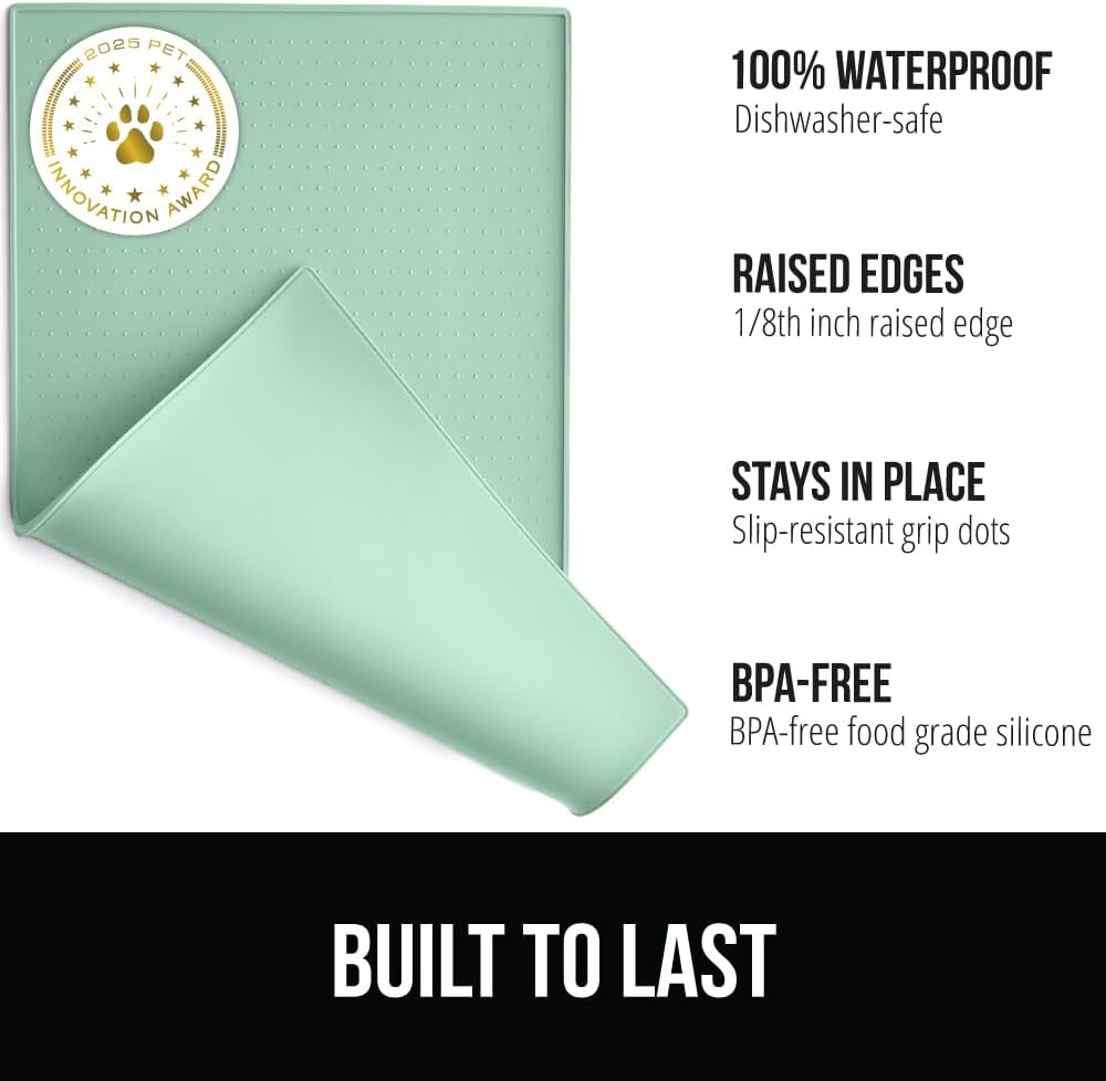 GORILLA GRIP 100% Waterproof Raised Edge BPA Free Silicone Pet Feeding Mat, Dog Cat Food Mats Contain Spills Protects Floors, Placemats for Cats and Dogs Water Bowl, Pets Accessories 23x15 Mint