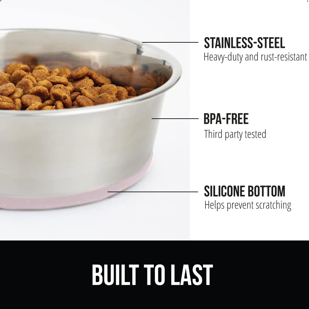 GORILLA GRIP Set of 2 Dog Bowls, Holds 8 Cups (64 fl oz), Heavy Duty Metal Food and Water Bowl for Feeding Dogs and Cats, Dishwasher Safe, Rust Resistant Stainless Steel, BPA Free Rubber Base, Lt Pink