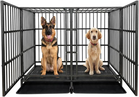 54 Inch Heavy Duty Dog Crate Cage with Divider, Indestructible and Escape Proof Steel Kennel Indoor for 2 High Anxiety Dogs with Sturdy Locks, Double Door and Tray, Extra Large XL XXL