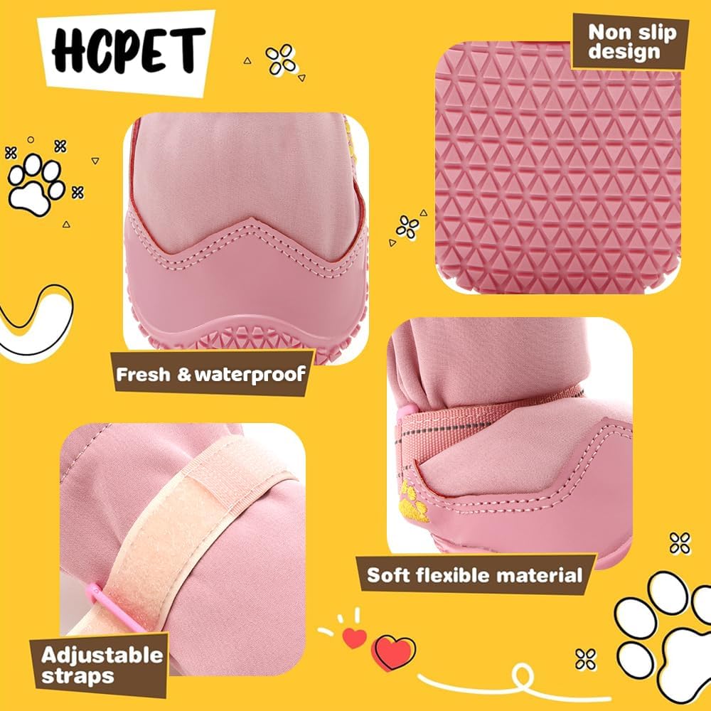 Hcpet Dog Shoes, Dog Boots & Paw Protectors for Winter Snowy Days, Rainy Weather, Outdoor Anti-Slip Sole Dog Booties for Hardwood Floor Pink-Leg 2