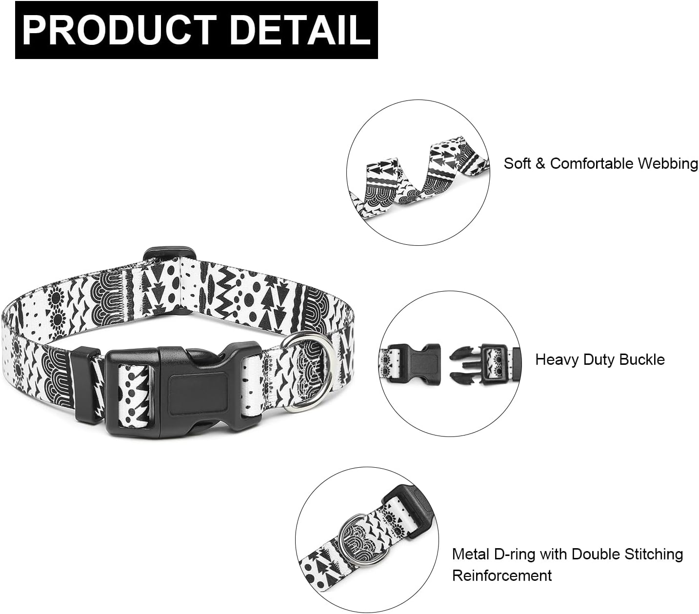 Mercano Adjustable Dog Collar - Special Design Patterns, Soft Nylon Comfortable Durable Pet Collar for Small Medium Large Dogs (M, Black White B)