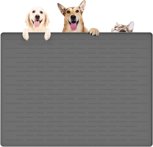 39.4"x29.5" Large Pet Food Mat, Silicone Dog Mats for Food and Water, Nonslip Pet Feeding Mats for Floors,Dog Cat Bowl Mat with Raised Edges, Dark Gray