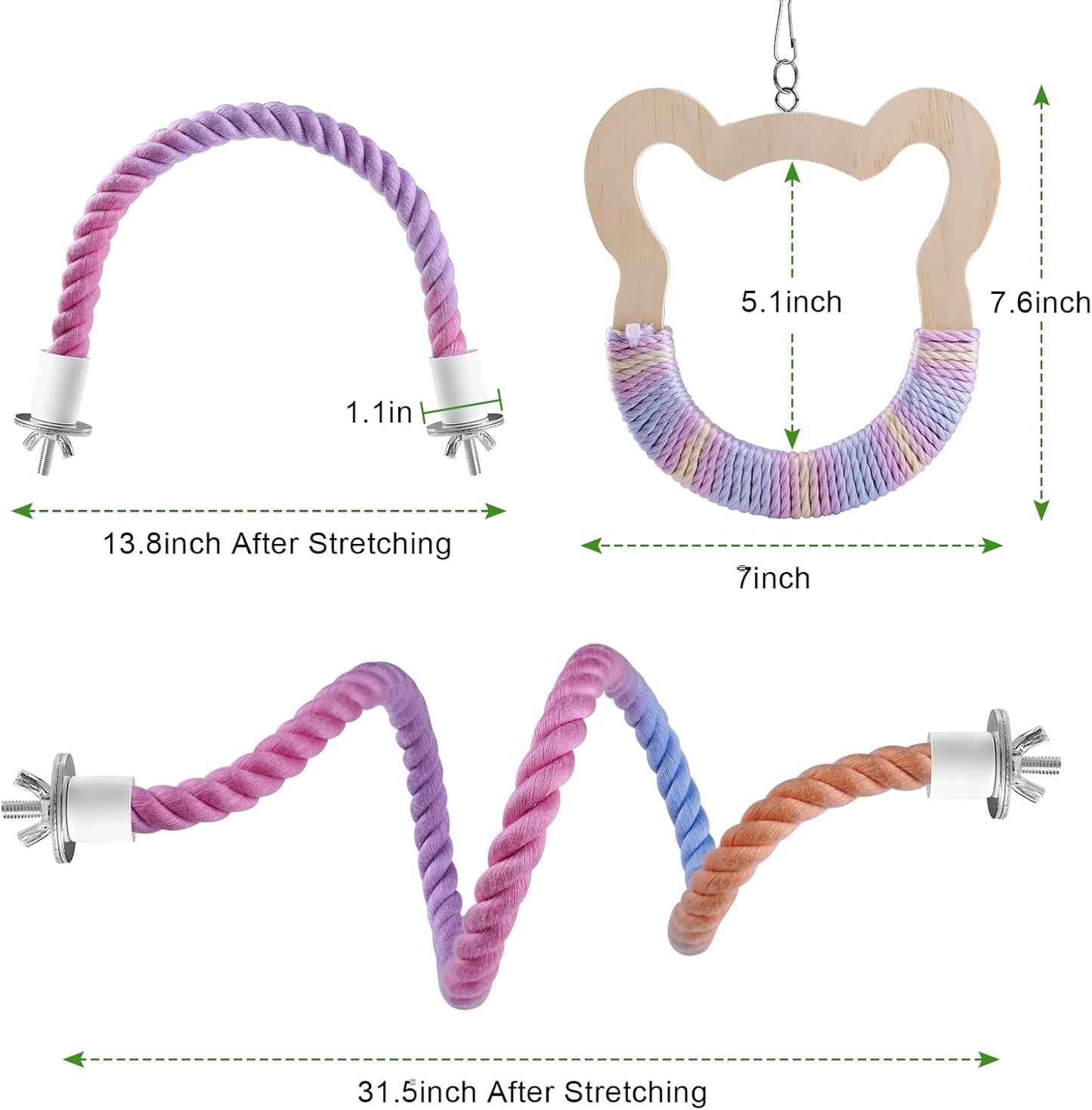 3 Pcs Gradient Bird Perching Rope Set, Bendable Bird Perching Rope for Parrot Cage, Gradient Wooden Birds Swing, Standing Climbing Toys for Parrots, Lovebirds, Budgies and Larks