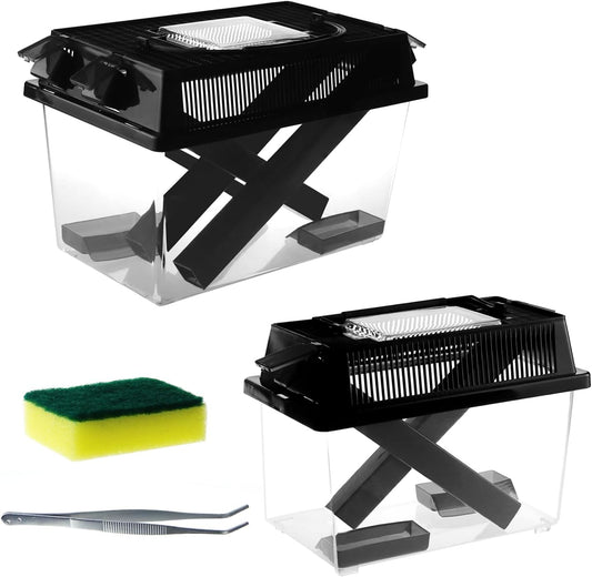 2-Pack Critter Keeper, Large and Middle Sizes, Equipped with Food Tweezers and Brushes, Cricket Pen with Dispenser Tubes, Insect Keepers for Reptiles Bearded Dragon Gecko Lizards