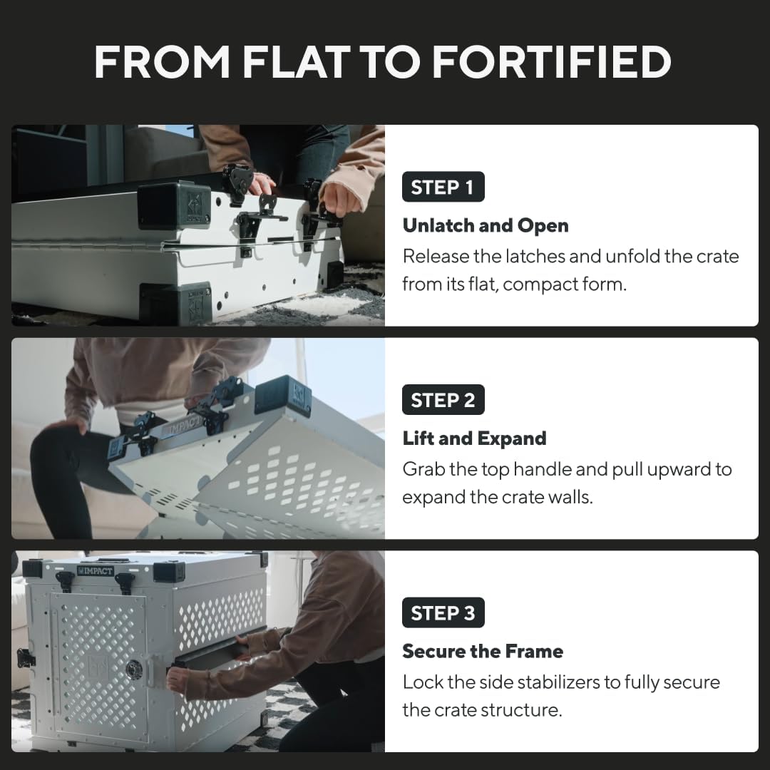 Impact Collapsible Dog Crate - Foldable Hard Crate for Intermediate Dogs - Heavy Duty Travel Kennel with Powder-Coated Aluminum - Quick Setup for Indoor & Outdoor (White, 34" (34.5" L x 23" W x 29" H)