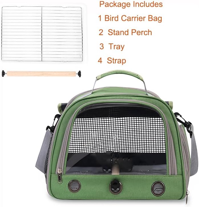Bird Travel Carrier, Portable Small Bird Parrot Parakeet Carrier with Standing Perch and Tray, Side Access Window Collapsible Bird Carry Transport Bag for Vet Visit(Green)