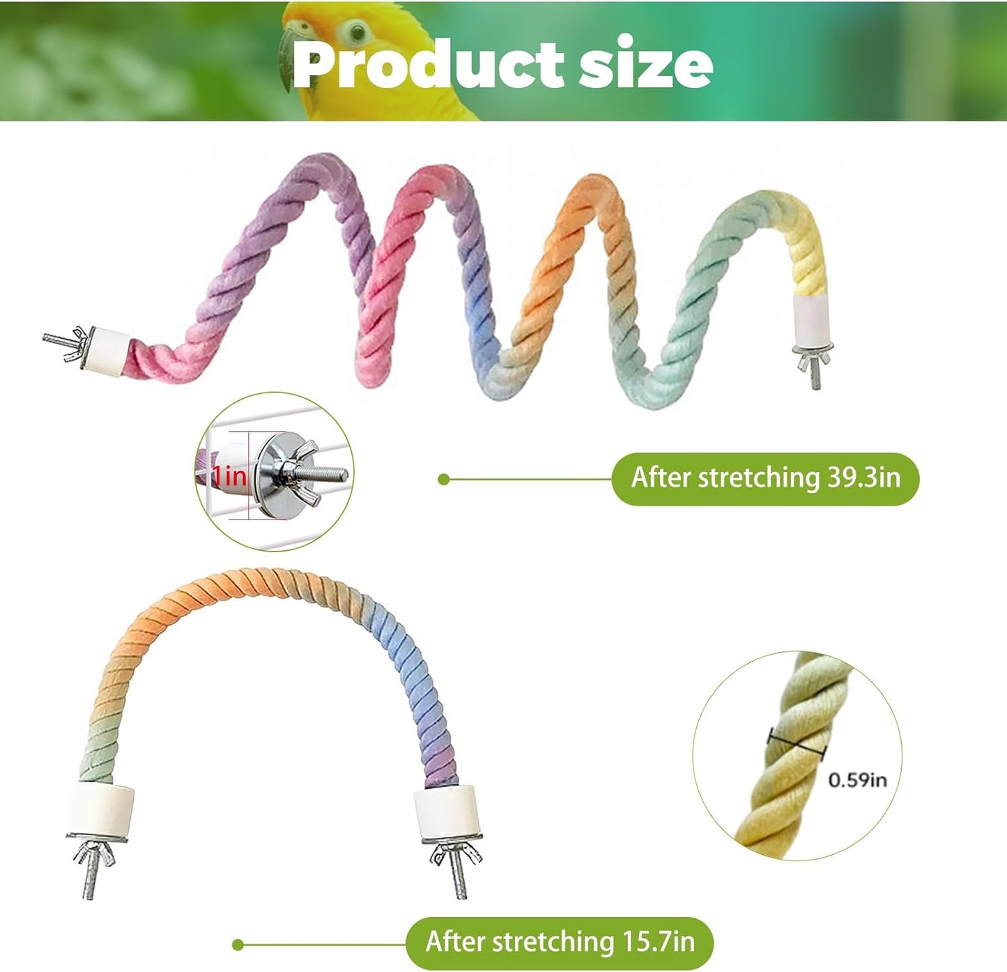 2pcs Gradient Colorful Bird Rope Perch Stand,Bird Cage Climbing Rope Toys Accessories,Bendable Climbing,Parakeet Lovebirds Cockatiels Budgies Play (15.7'',39.3''D)