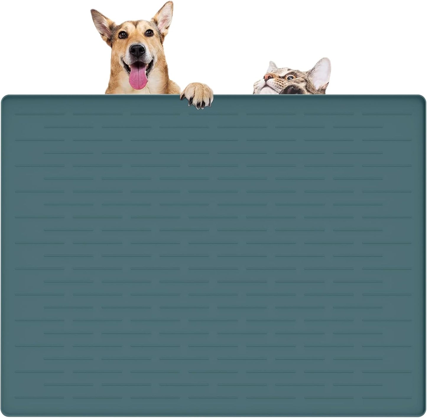 32" x 24" Large Pet Food Mat, Silicone Dog Mats for Food and Water, Nonslip Pet Feeding Mats for Floors,Dog Cat Bowl Mat with Raised Edges, Dark Green