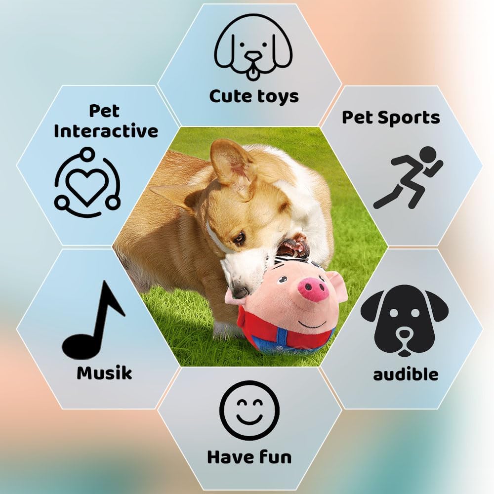 2025 Upgrade Active Moving Pet Plush Toy, Squeaky Dog Ball Toy Interactive Dog Toy for Boredom Pet Bouncing Ball Plush Toy, Pig Plush Sound Electronic Dogs Toy Pets Balls Toy