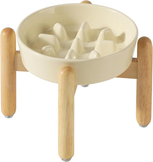 7.3inch Ceramic Dog Raised Slow Feeder Set, Elevated Bowl with Wooden Stand for Medium and Small Dog, Slow Feeder Dish for Fast Easters, Preventing Choking(Beige, Single Bowl+ Stand)