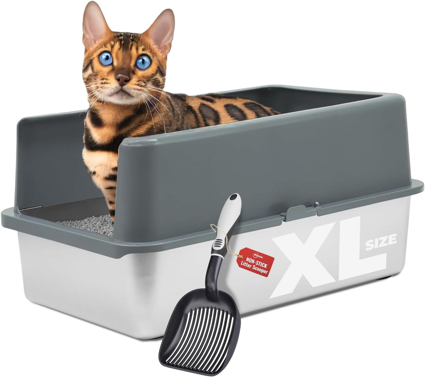 iPrimio - Stainless Steel Litter Box for Cats - Enclosed Sides and Easy to Clean - Includes High-Sided Litter Box, Scooper for Extra Litter Scatter Protection - XL Size for Big Cats - 23.5"x15.5"x6"