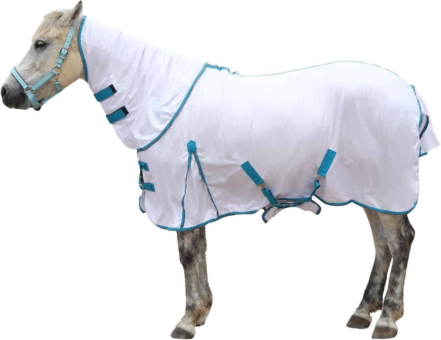 Horse Fly Sheet with Detachable Neck Cover & Belly Wrap, Adjustable Fly Sheet for Horses, Ventilated Airflow Mesh Equine Cooling Summer Flysheet White 84