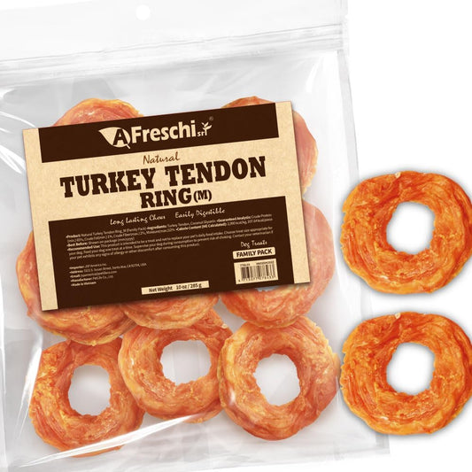 Afreschi Natural Turkey Tendon Ring (M) 10 oz, USA-Sourced Turkey Tendon, All Natural Puppy Chew, Hypoallergenic, Rawhide Alternative, for Medium Breeds