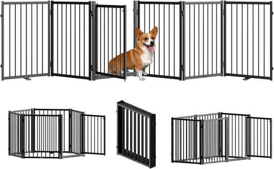 Full Metal Freestanding Dog Gate with Door, 24'' Height Foldable Pet Dog Fence for Indoor & Outdoor, 6 Panels Extra Wide Free Standing SmallDog Gates for Doorways,House,Stairs,Porch,Deck,Yard