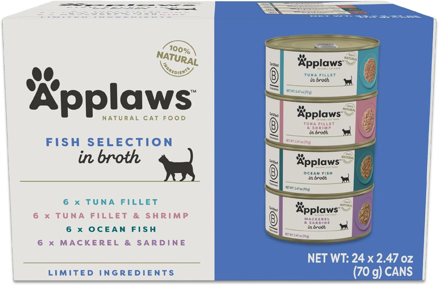Applaws Natural Wet Canned Cat Food, Made with Limited and Natural Ingredients, Real Protein with No Artificial Additives, Fish Selection Variety Pack in Broth (24 x 2.47oz Cans)
