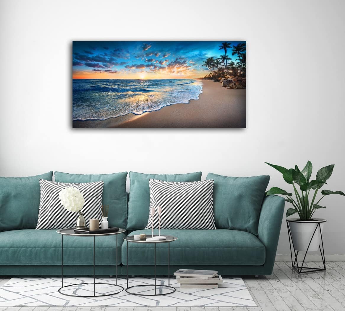 Jiuqinghua Canvas Prints Wall Art Blue Beach Ocean Landscape Paintings 1 panel Sunset Sea Waves Wall Decor Pictures Stretched and Framed for Living Room Bedroom and Office Home Decor Artwork