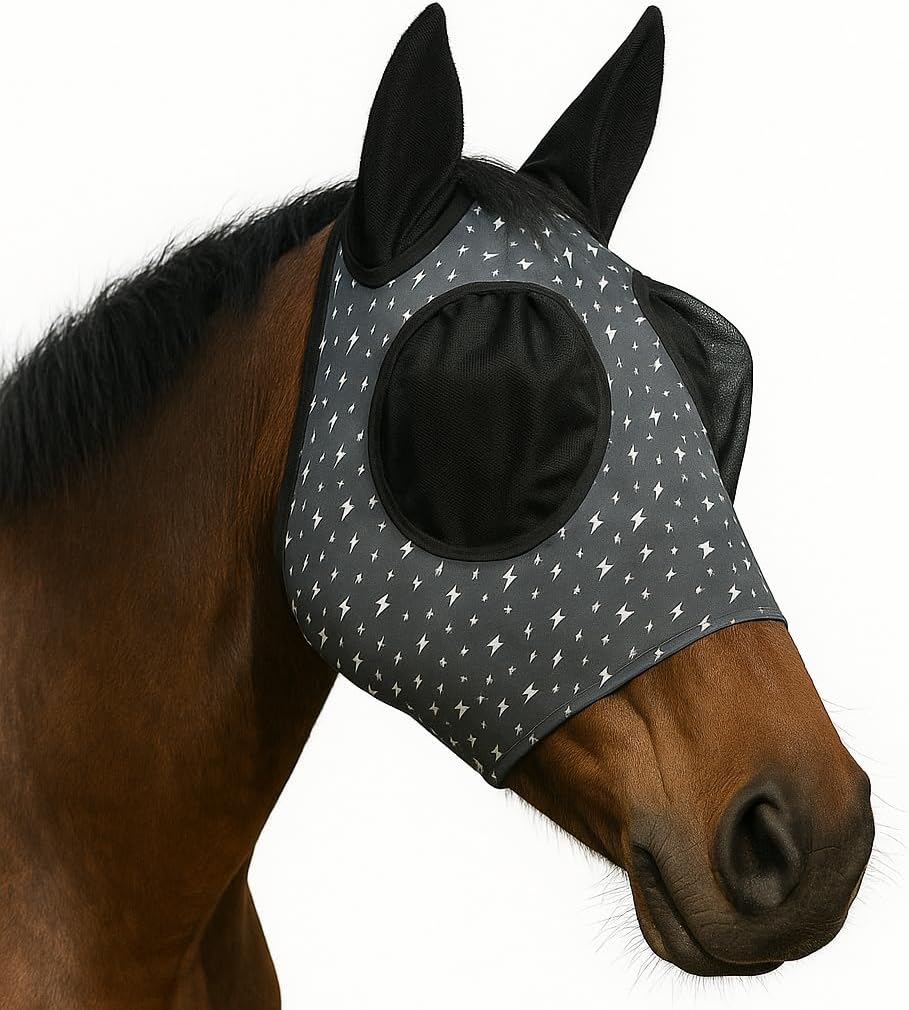 Horse Fly Mask - Arab Equine Fly Mask with Full Coverage for Eye & Ear - Stretchable UV & Sun Protection Flymask for Horses, Ponies & Mini Horses - Horse Face Cover for Pasture & Trail - Lightning