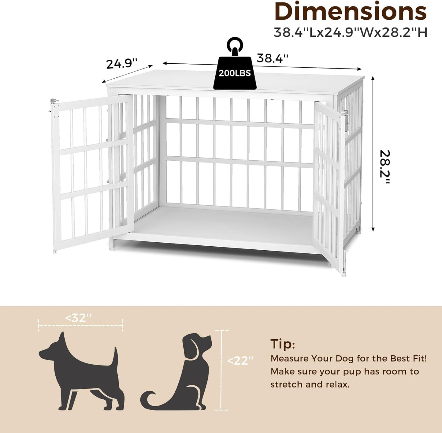 38 Inch Heavy Duty Wooden Dog Kennel End Table with Double Door Design and Secure Locks, Indoor Pet Crate Furniture for Medium Dogs, Decorative Home Cage Design,White