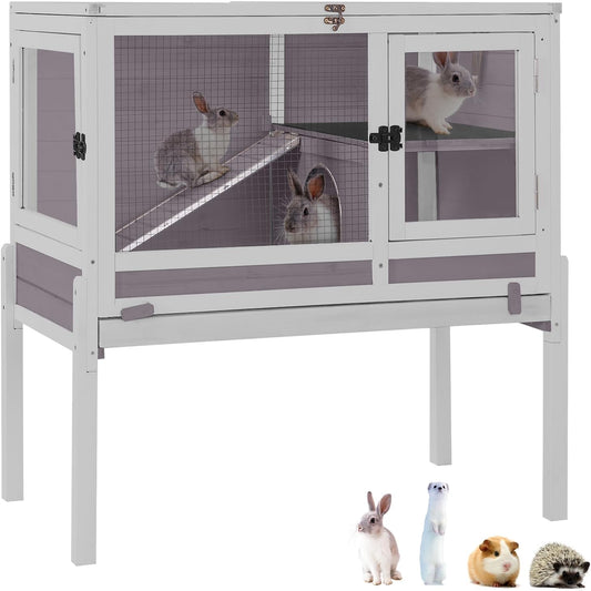 GUTINNEEN Rabbit Hutch Guinea Pig Cages Indoor with Stand Wooden Small Animals Cage Hutch Hamster Cage with Hideout,Pull Out Tray, Anti Chew Ramp (Grey)
