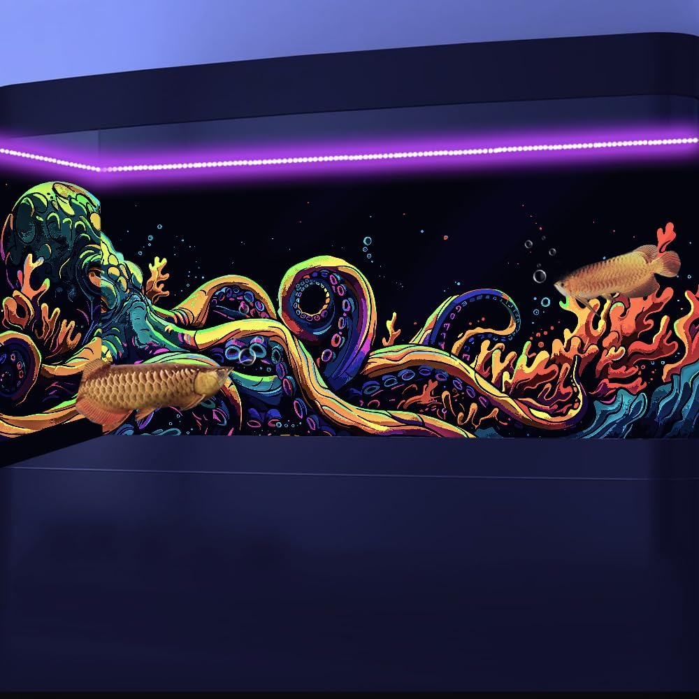 48X18IN Blacklight Octopus Sea Monster HD 3D Black Light Aquarium Background UV Reactive Background Terrarium Background with 10 EVA Double-Sided Tape