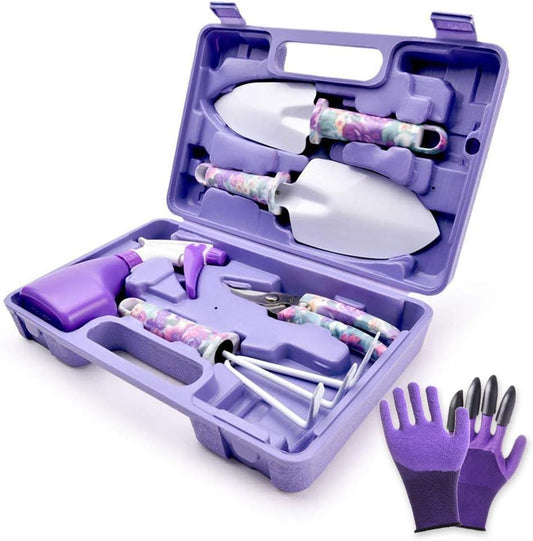 6 Pieces Garden Tools Set Planting Tools, Non-Slip Handle with Anti-Rust Trowel, Cultivator, Pruning Shear, Water Sprayer and Carrying Case, Gloves with Claws