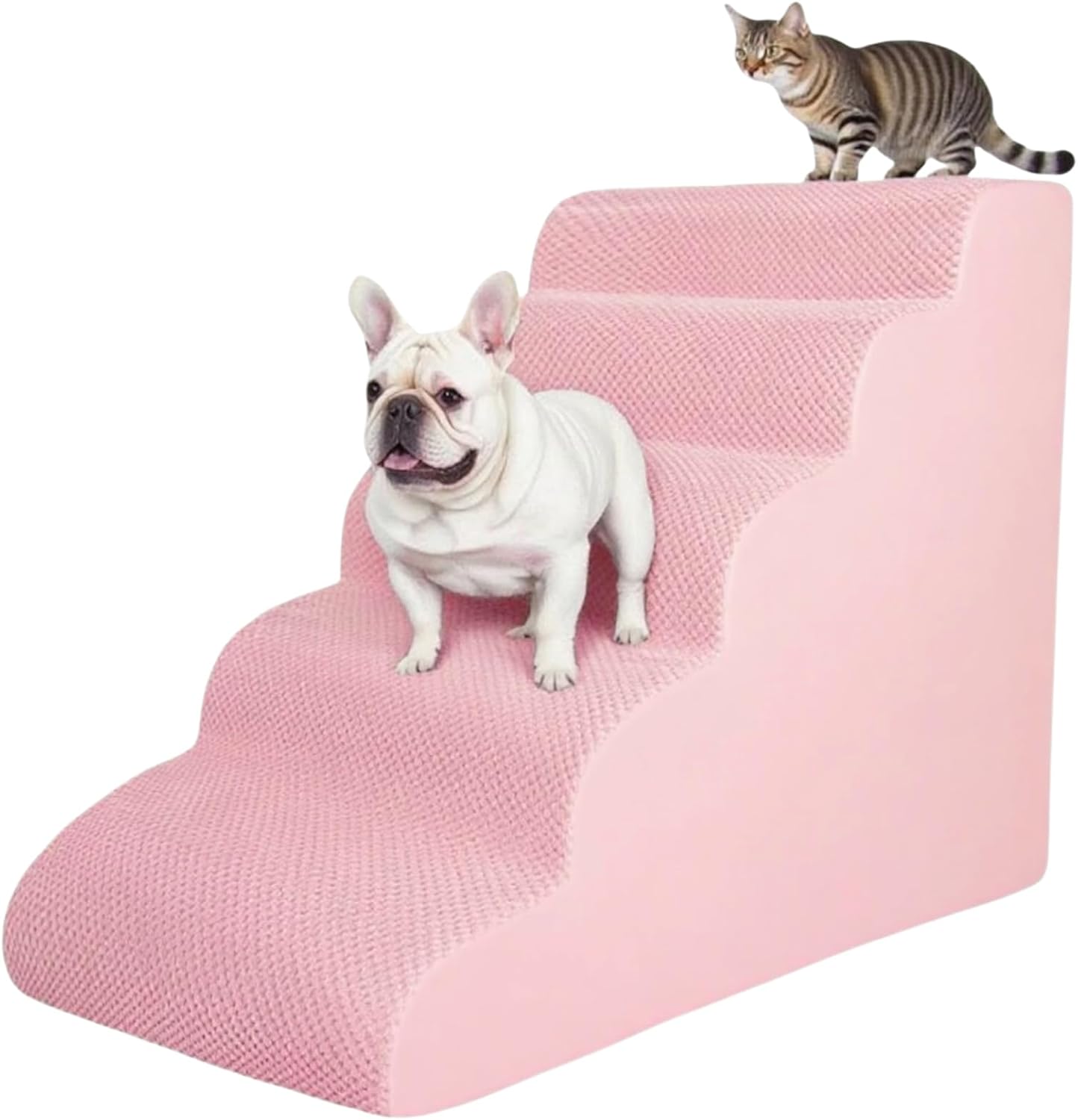 5 Step Pet Stairs Ramp for High Beds Sofas 5-30 Inch with Sturdy Non Slip Waterproof Pads, Machine Washable Cover Indoor Balanced Design for Cats Dogs Small Medium Large XL Pets Grey (Pink, Large, 1)