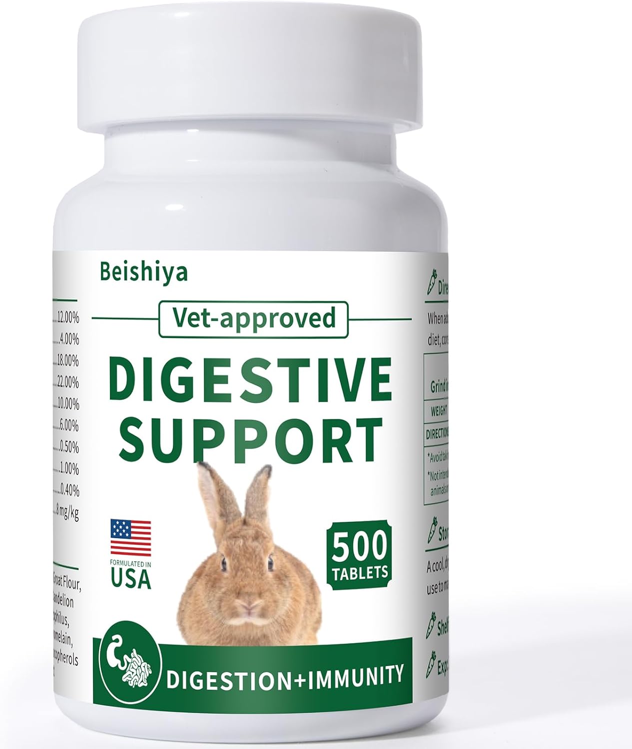 500 Tablets, Digestive Support Rabbit, Support GI Stasis, Bloat, Constipation, and Diarrhea, Strengthens Immune System, Premium Formula with High Fiber, Vitamins and Probiotics, Non-GMO