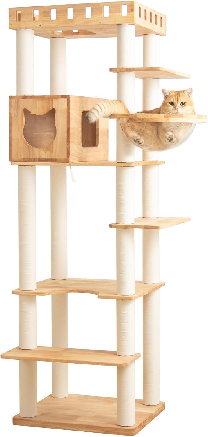 74.8" Wooden Cat Tree Tower for Large Cats, Multi-Level Cat Climbing Furniture with Scratching Posts, Cat Condo & Hammock, Natural Wood Cat Activity Center (White)
