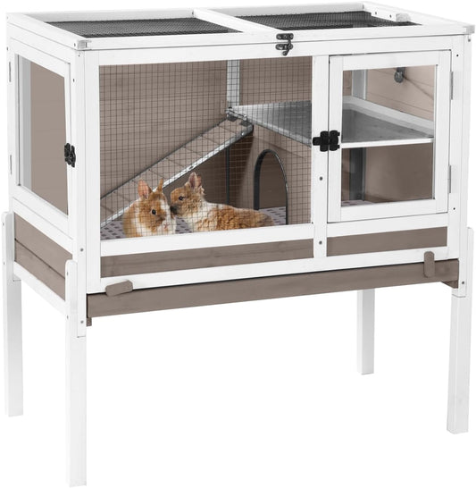 Aivituvin Rabbit Hutch with Stand Wooden Bunny Cage Indoor 2 Story Guinea Pig House with Anti Chew Ramp, No Leak Tray, Hideout, Wire Mesh (Brown)